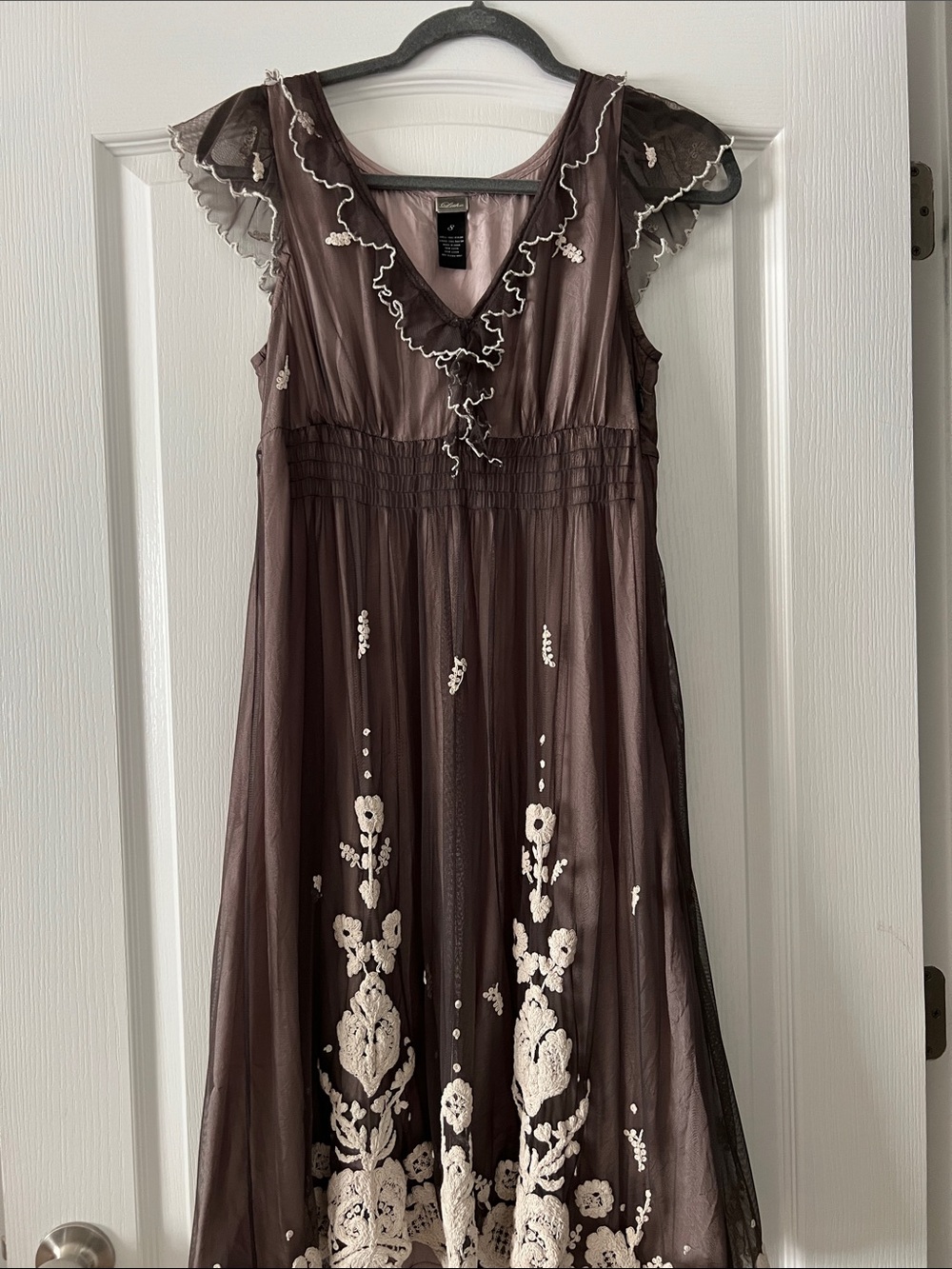 Embroidered Brown Midi Dress with Cream Floral Detail Anthropologie